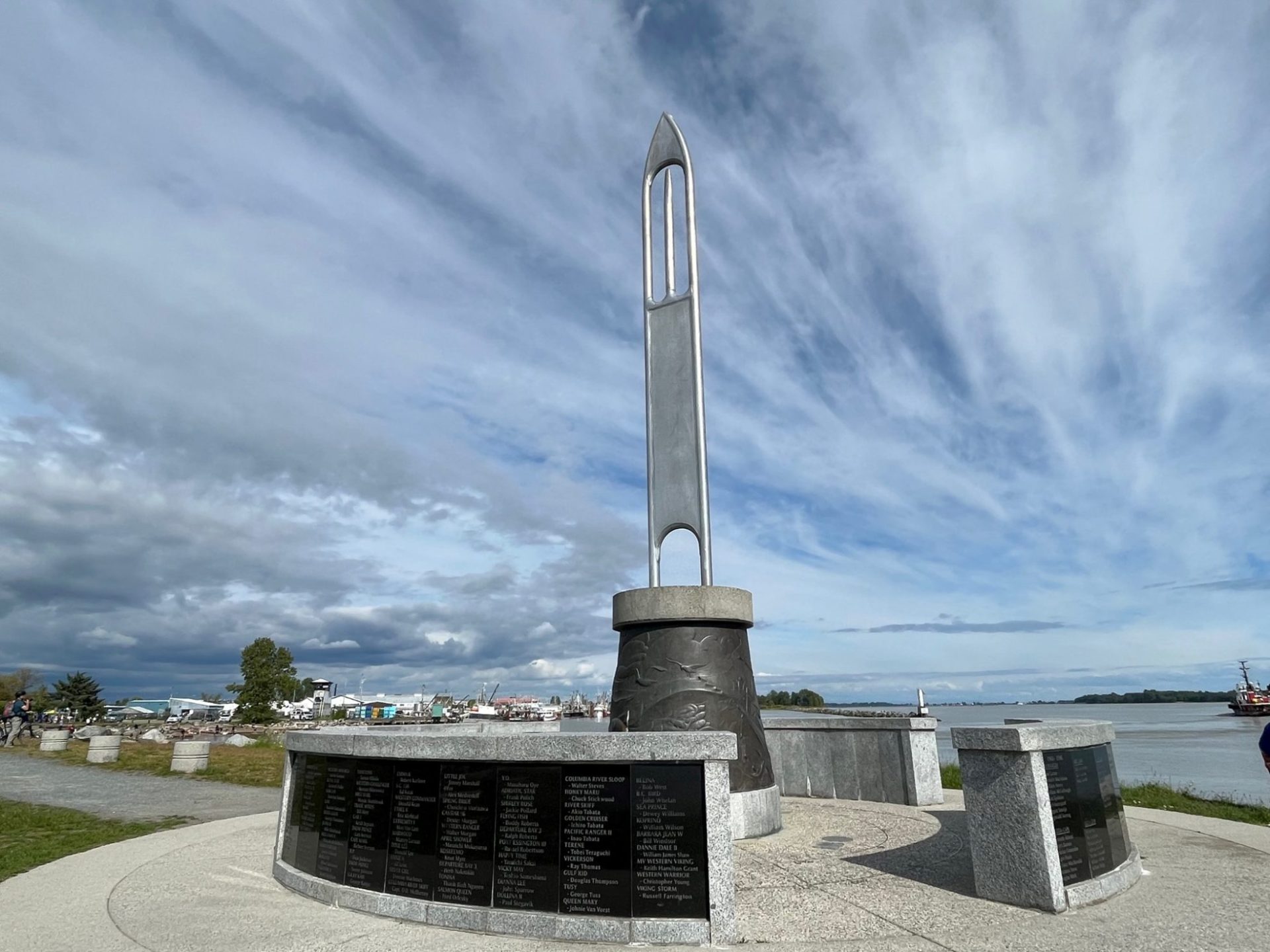 The needle-shaped Fisherman's Memorial at Garry Point Park