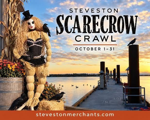 Steveston Scarecrow Crawl poster, October 1 to 31, showing a straw scarecrow beside a dock at sunset